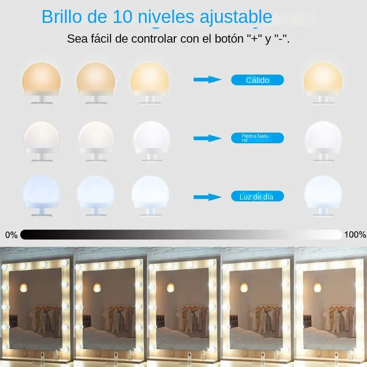 Glamora | Zestaw Oświetlenia LED do Lusterka Makijażowego | 10 Lamp w Stylu Hollywood | USB, Przyciemniane i 3 Tryby Kolorów
