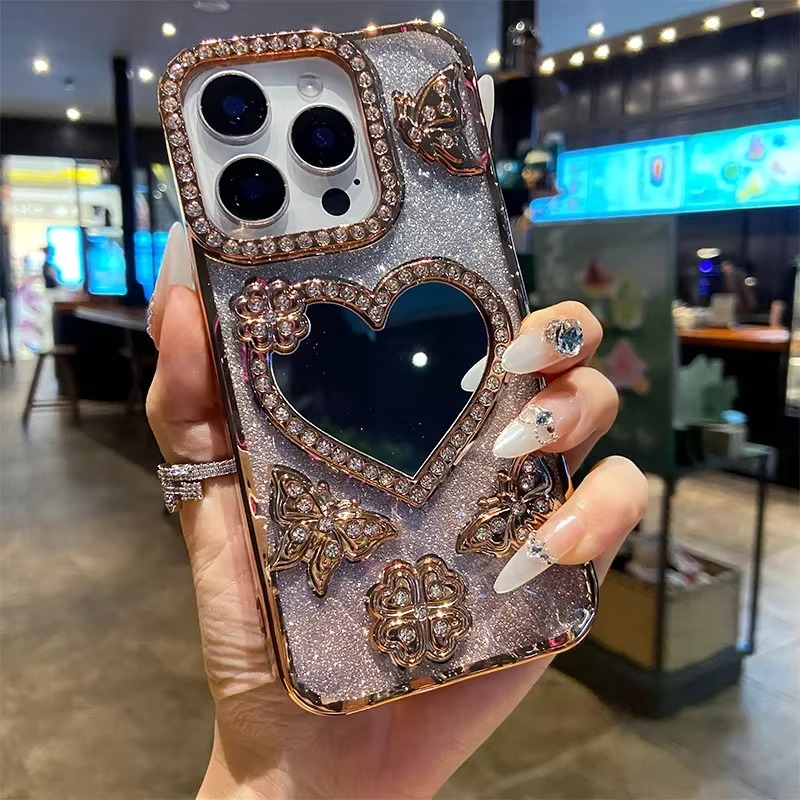 Etui z brokatem w kształcie motyla i lustrem dla iPhone&