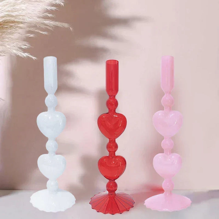 Retro Taper Candle Holder Czerwony Kształt Serca Szklany Świecznik Dekoracja Stołowa na Ślub Dom Party Wazon Szklany Dekoracja