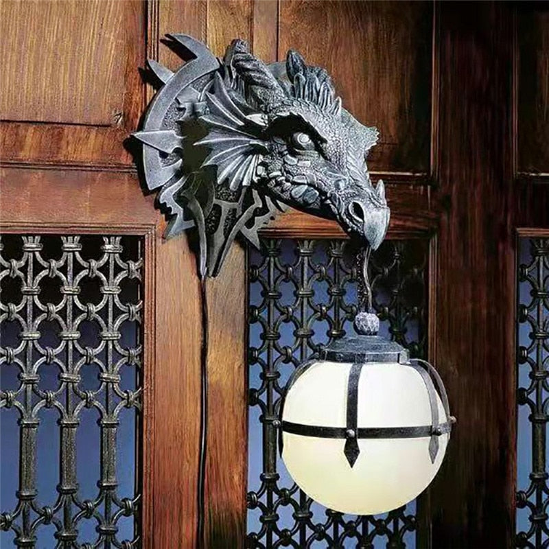 Lampion LED z Głową Smoka wykonany z Żywicy do Unikalnej Dekoracji Halloweenowej
