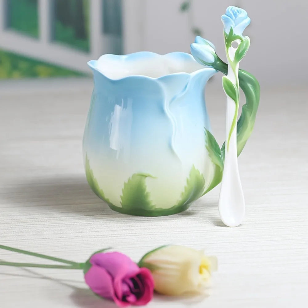 3D Różowa Kwiatowa Filiżanka Ceramiczna Kubek Do Kawy Urocze Estetyczne Kubki Wodoodporne z Łyżeczką Letnie Zimowe Przybory do Picie Prezenty na Walentynki