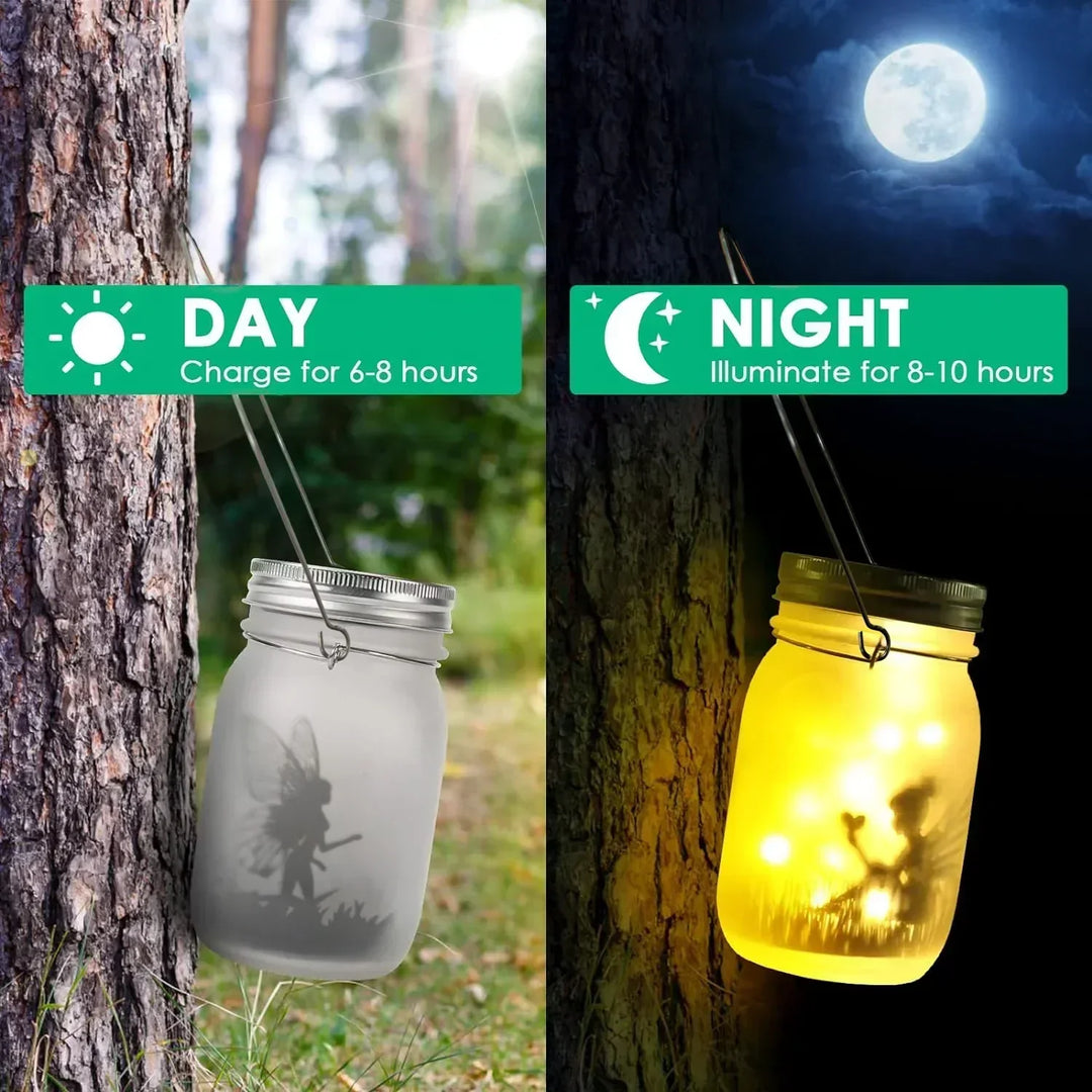 Lampion Wróżkowy ze Szkła - Solarna Lampa w Słoiku, IP65 Wodoodporna Lampa Wisząca na Zewnątrz