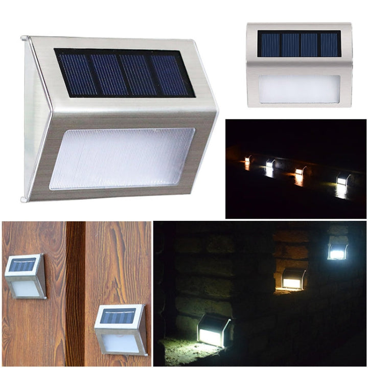 2SZT Solarna Lampa Ścienna ze Stali Nierdzewnej 3 LED do Schodów na Zewnątrz, Oświetlenie Ogrodowe (Białe Światło)