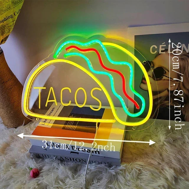 Neonowy Znak Fast Food – Jasny Design Tacos, LED Nocna Lampa do Restauracji i Kuchni |