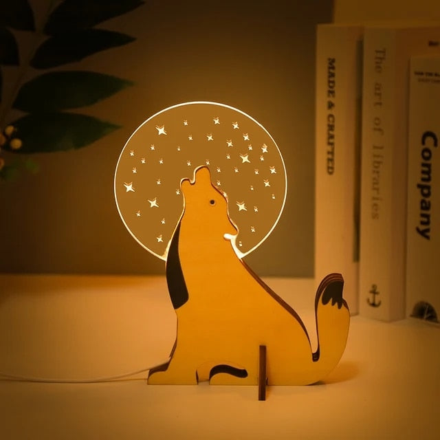 Lampka nocna LED dla zwierząt z drewna i akrylu, USB