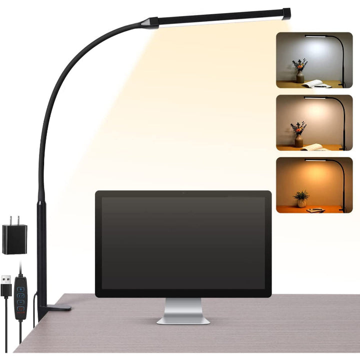 Lampa biurkowa LED z lampą, przyjazne dla oczu światła clip-on do biura domowego, 3 tryby, 10 poziomów jasności, długi elastyczny wysięgnik, metal, ramię uchylne, architektoniczne lampy biurkowe z adapterem USB, biała