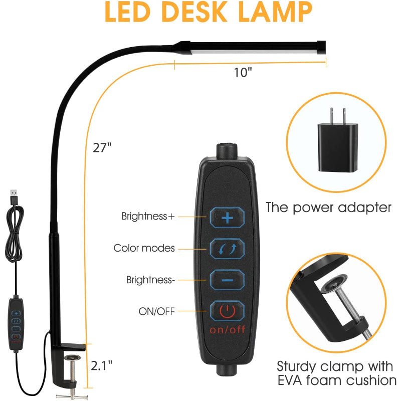 Lampa biurkowa LED z lampą, przyjazne dla oczu światła clip-on do biura domowego, 3 tryby, 10 poziomów jasności, długi elastyczny wysięgnik, metal, ramię uchylne, architektoniczne lampy biurkowe z adapterem USB, biała