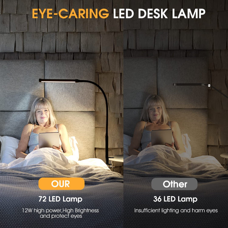 Lampa biurkowa LED z lampą, przyjazne dla oczu światła clip-on do biura domowego, 3 tryby, 10 poziomów jasności, długi elastyczny wysięgnik, metal, ramię uchylne, architektoniczne lampy biurkowe z adapterem USB, biała