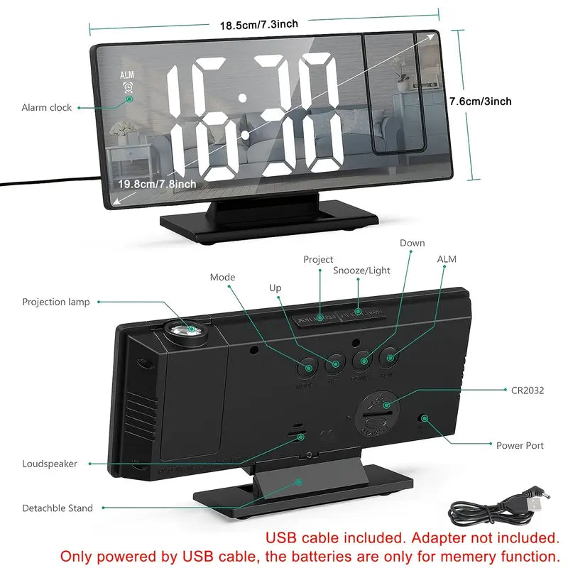 180° Regulowany Projektor LED Zegar Alarmowy – Funkcja Drzemki, Wyświetlacz Czasu i Temperatury 12/24H, Lustrzany Design – Zasilany przez USB, Tryb Nocny i Funkcja Pamięci