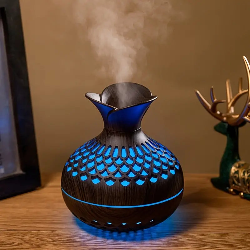 Aromatyczny nawilżacz powietrza z LED – Dyfuzor w drewnianym wyglądzie i nocna lampka