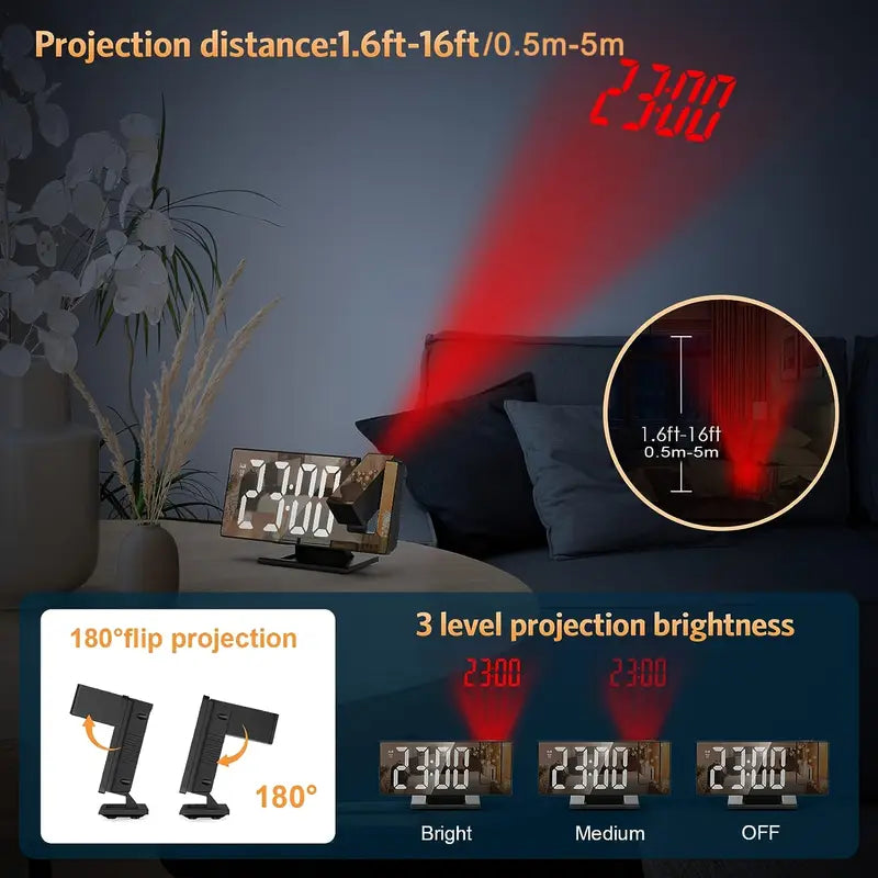 180° Regulowany Projektor LED Zegar Alarmowy – Funkcja Drzemki, Wyświetlacz Czasu i Temperatury 12/24H, Lustrzany Design – Zasilany przez USB, Tryb Nocny i Funkcja Pamięci