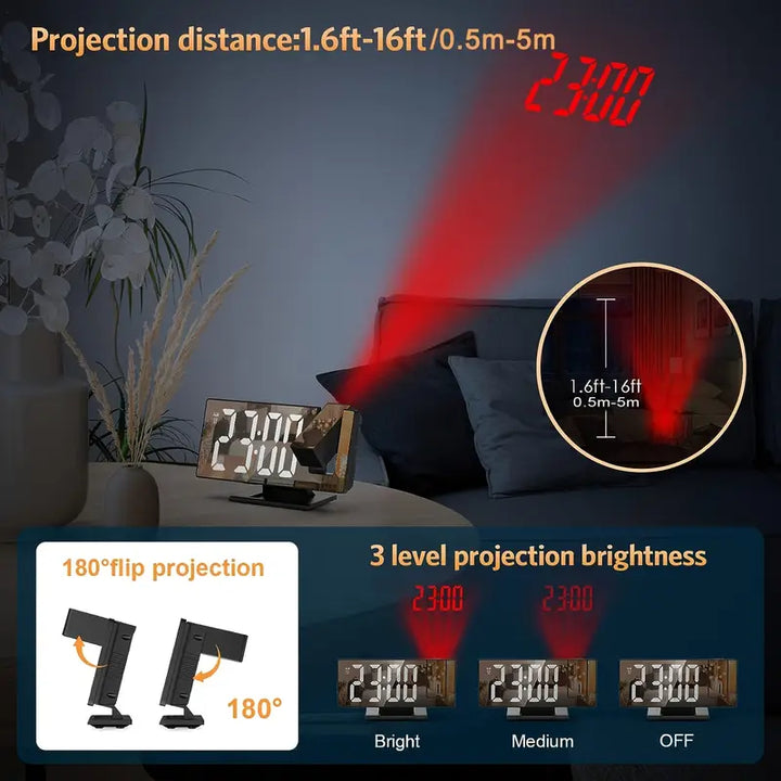 180° Regulowany Projektor LED Zegar Alarmowy – Funkcja Drzemki, Wyświetlacz Czasu i Temperatury 12/24H, Lustrzany Design – Zasilany przez USB, Tryb Nocny i Funkcja Pamięci