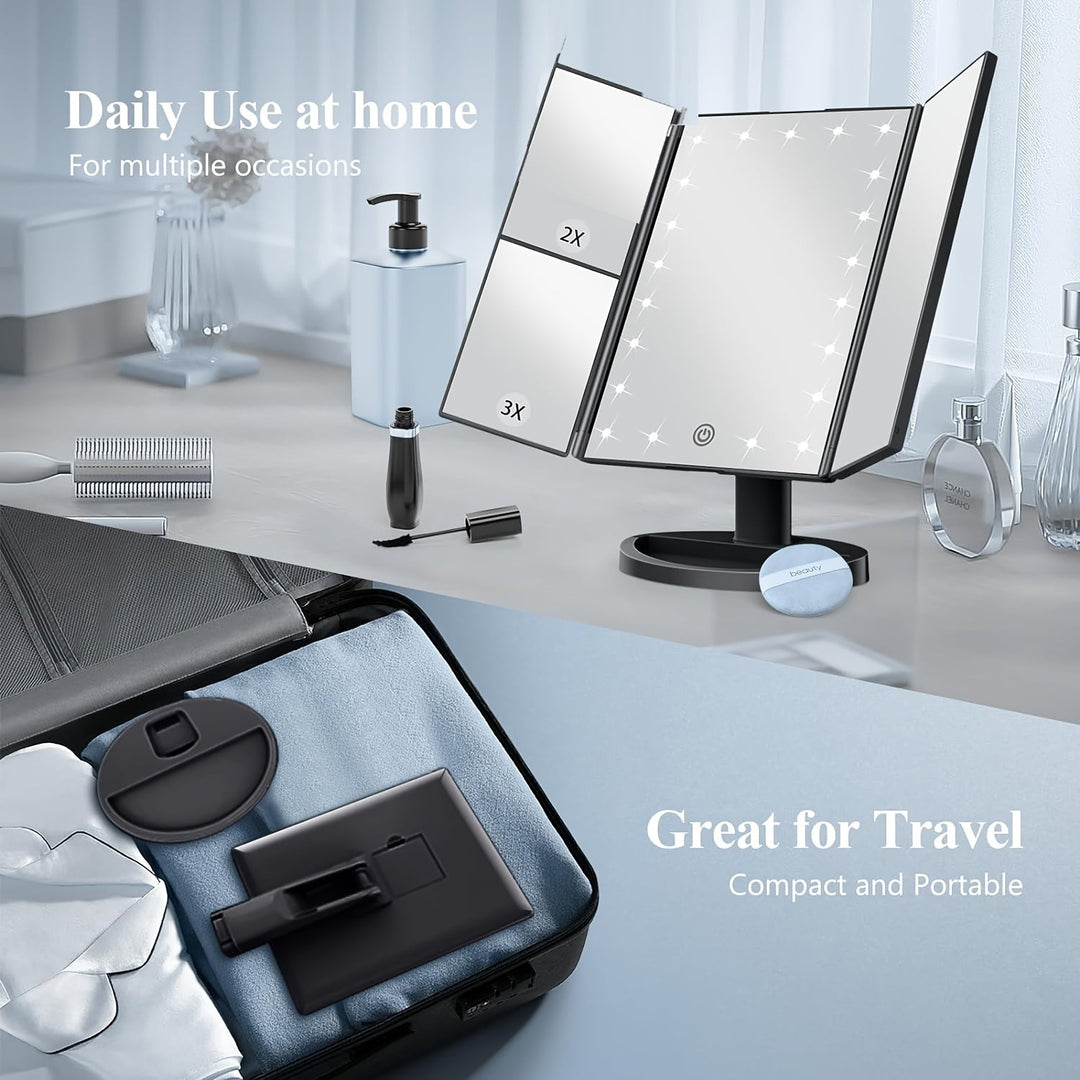 GlowMirror – Składane Lustro LED do Makijażu z Powiększeniem 3x/2x |