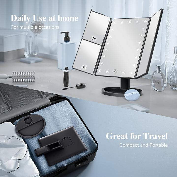 GlowMirror – Składane Lustro LED do Makijażu z Powiększeniem 3x/2x |