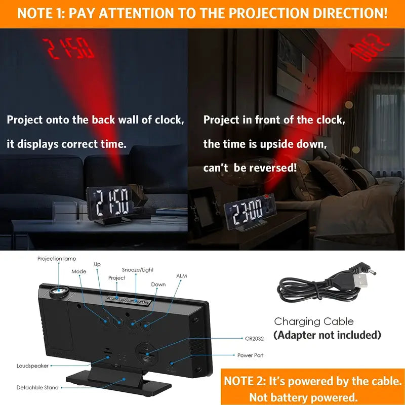 180° Regulowany Projektor LED Zegar Alarmowy – Funkcja Drzemki, Wyświetlacz Czasu i Temperatury 12/24H, Lustrzany Design – Zasilany przez USB, Tryb Nocny i Funkcja Pamięci