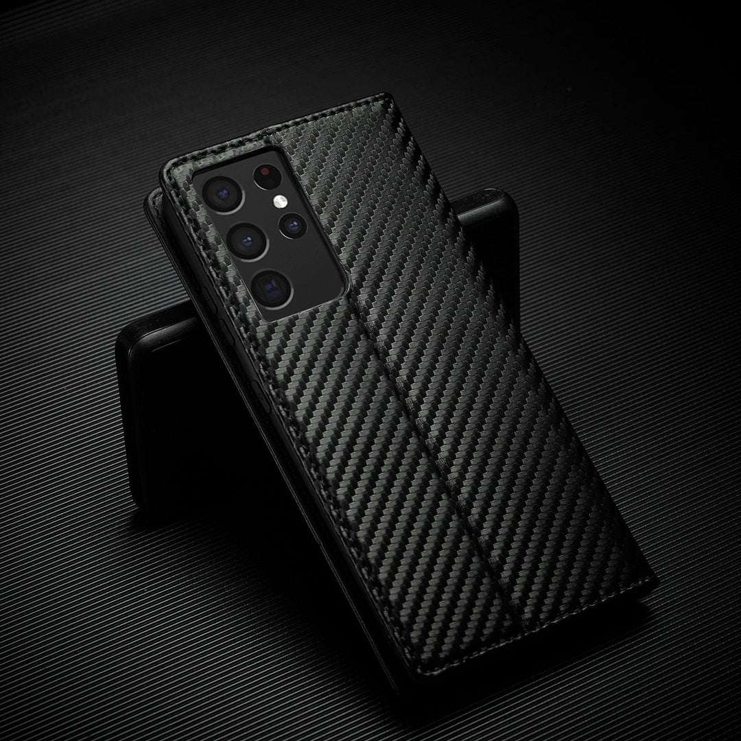 Etui na telefon S23 | Etui na karty wykonane z skóry węglowej z magnetycznym zapięciem