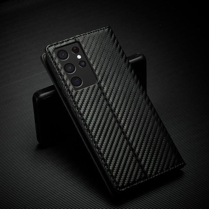 Etui na telefon S23 | Etui na karty wykonane z skóry węglowej z magnetycznym zapięciem