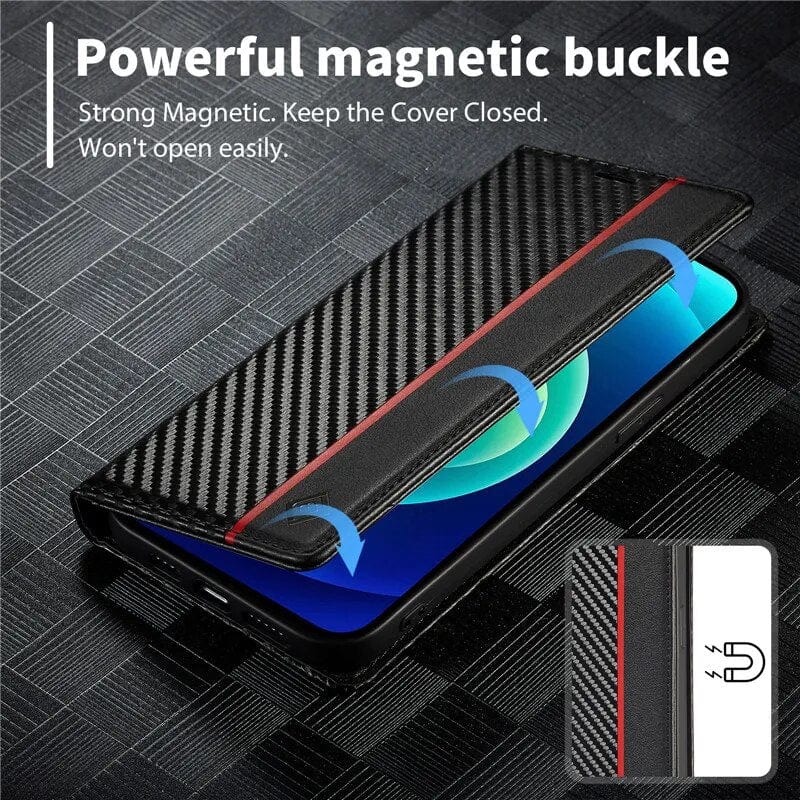 Etui na telefon S23 | Etui na karty wykonane z skóry węglowej z magnetycznym zapięciem