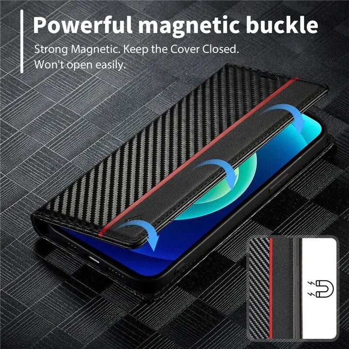 Etui na telefon S23 | Etui na karty wykonane z skóry węglowej z magnetycznym zapięciem