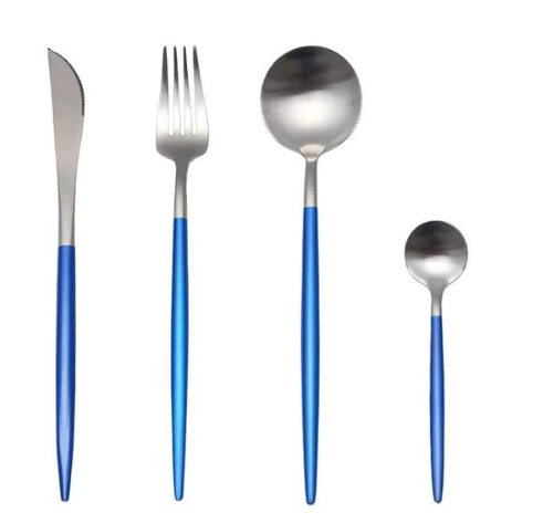 LUKSUSOWY ZESTAW SREBRNYCH I ZŁOTYCH SZTUĆCÓW 24-EL. ZE STALI NIERDZEWNEJ