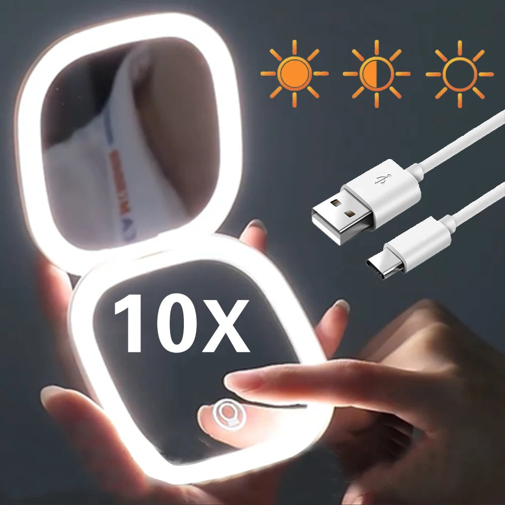Mini Lusterko Kosmetyczne LED 10x Powiększenie z Różnymi Ustawieniami Światła, Ładowane przez USB