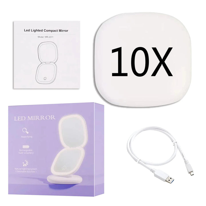 Mini Lusterko Kosmetyczne LED 10x Powiększenie z Różnymi Ustawieniami Światła, Ładowane przez USB