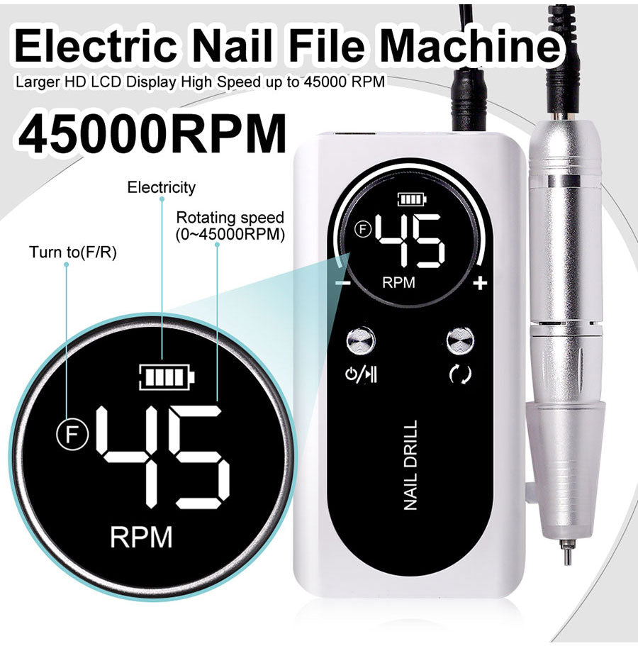 Profesjonalny przenośny elektryczny pilnik do paznokci 45000RPM z akumulatorem | Niski poziom hałasu do manicure