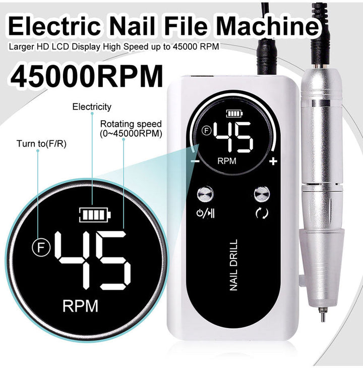 Profesjonalny przenośny elektryczny pilnik do paznokci 45000RPM z akumulatorem | Niski poziom hałasu do manicure