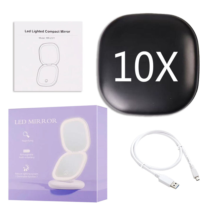 Mini Lusterko Kosmetyczne LED 10x Powiększenie z Różnymi Ustawieniami Światła, Ładowane przez USB