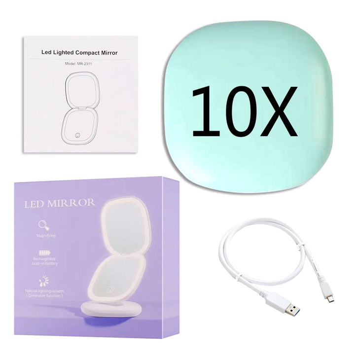 Mini Lusterko Kosmetyczne LED 10x Powiększenie z Różnymi Ustawieniami Światła, Ładowane przez USB