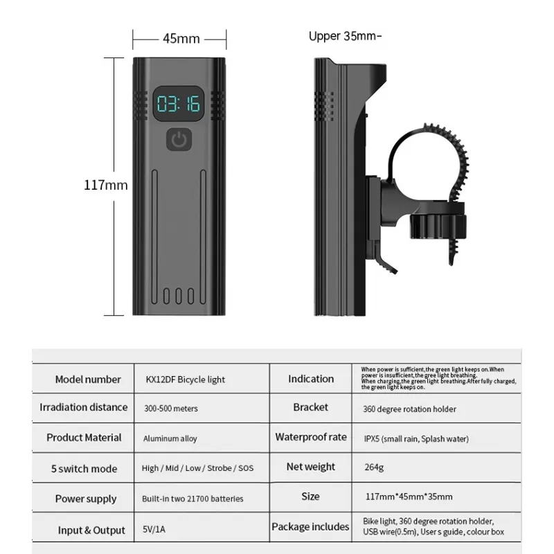 KrachtLight – Lampka rowerowa USB z wyświetlaczem cyfrowym i akumulatorem 10,000 mAh