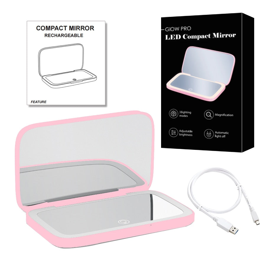 Mini Lusterko Kosmetyczne LED 10x Powiększenie z Różnymi Ustawieniami Światła, Ładowane przez USB