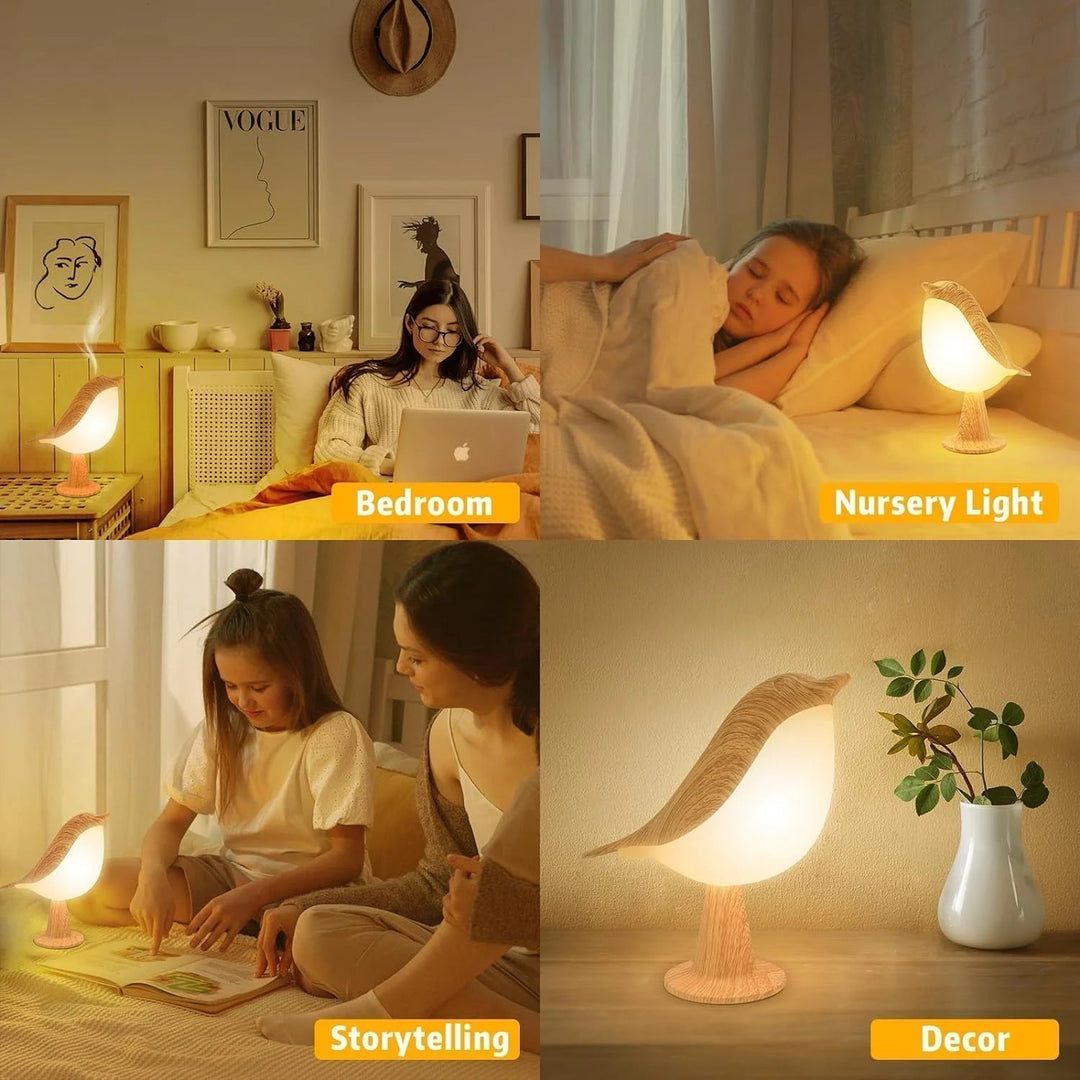 Lampka nocna z drewnianym ptakiem z kontrolą dotykową - Ładowalna lampka LED na stolik nocny