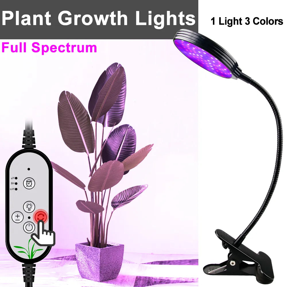 Lampa LED do wzrostu roślin z trzema głowicami, klipsem, zasilaniem USB i regulacją oświetlenia