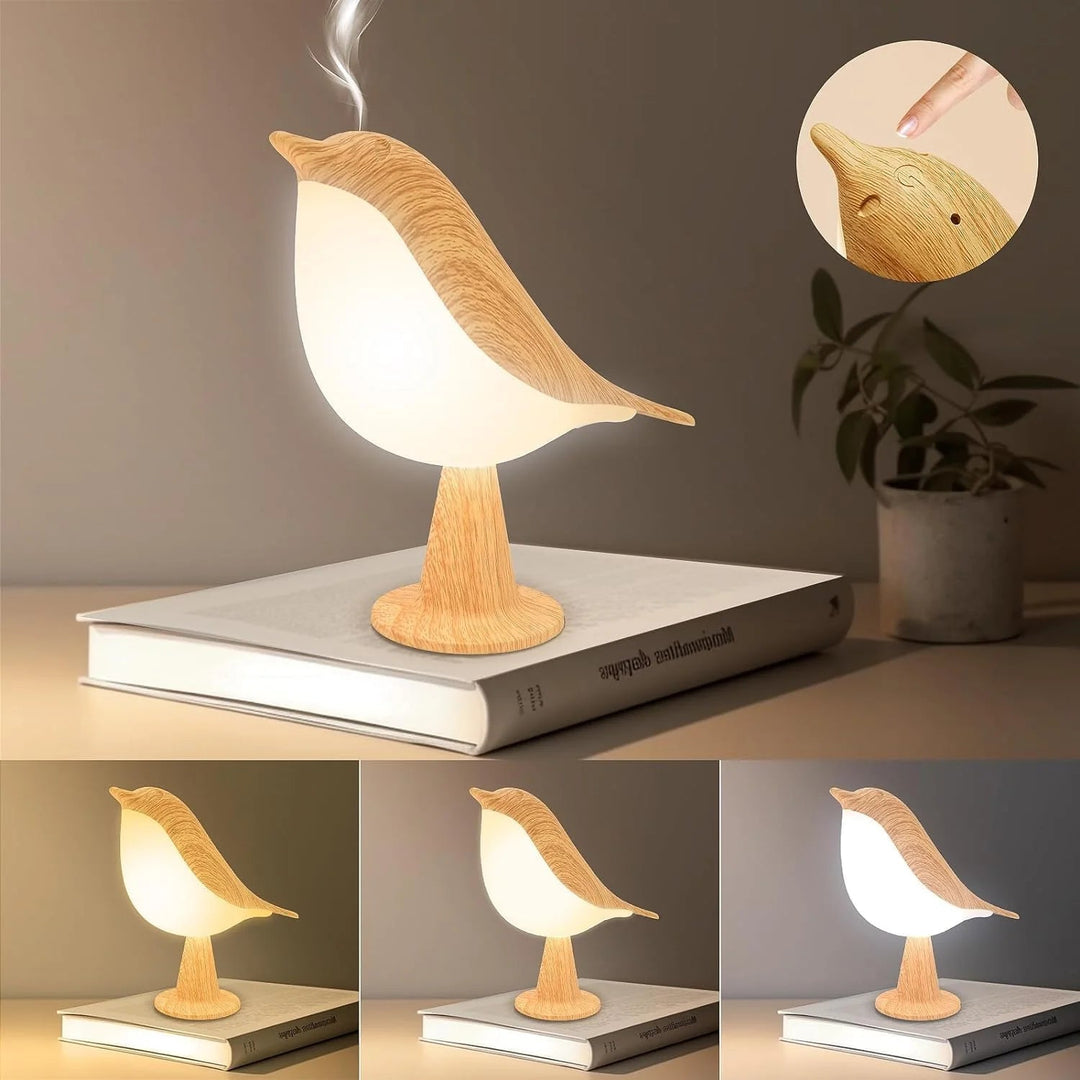 Lampka nocna z drewnianym ptakiem z kontrolą dotykową - Ładowalna lampka LED na stolik nocny