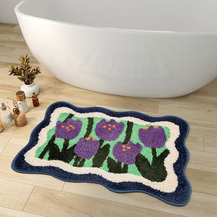 kolorowa Mata Łazienkowa, Pomarańczowa Flora Miękka Mata Łazienkowa, Woven Bath Mat, Fioletowy Tulipan Mata Łazienkowa Absorbująca Wodę i Antypoślizgowa