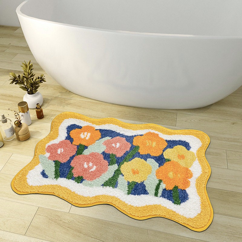 kolorowa Mata Łazienkowa, Pomarańczowa Flora Miękka Mata Łazienkowa, Woven Bath Mat, Fioletowy Tulipan Mata Łazienkowa Absorbująca Wodę i Antypoślizgowa