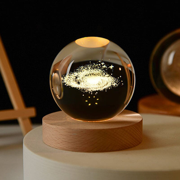 3D Kryształowa Kula Nocna Lampa z Drewnianą Podstawą
