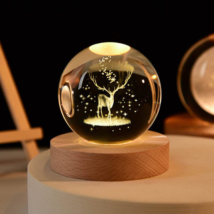 3D Kryształowa Kula Nocna Lampa z Drewnianą Podstawą