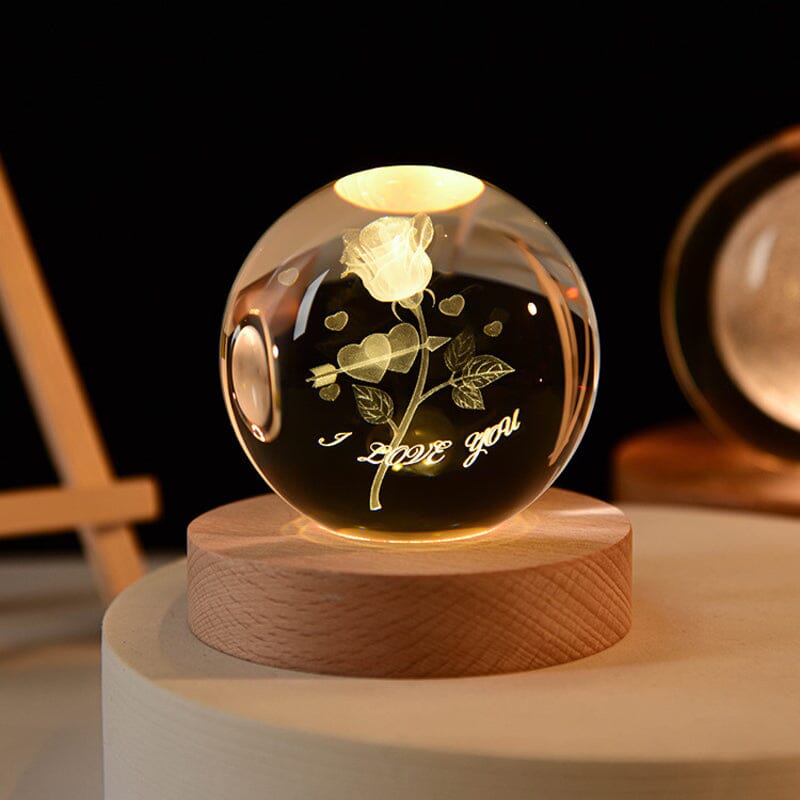 3D Kryształowa Kula Nocna Lampa z Drewnianą Podstawą