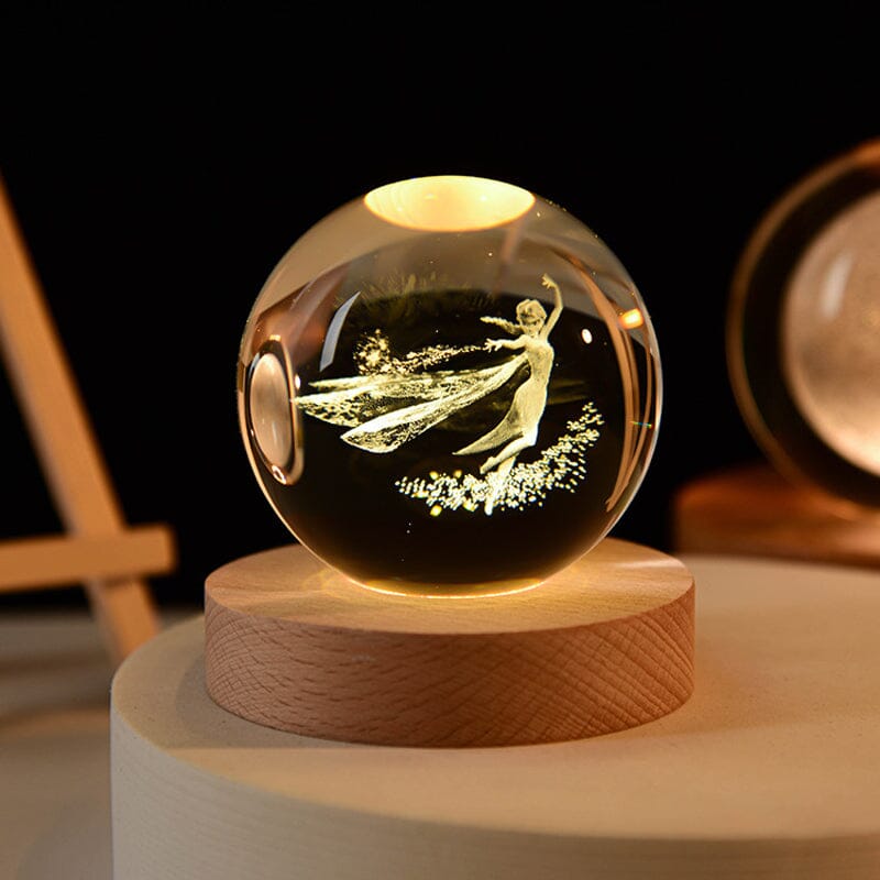 3D Kryształowa Kula Nocna Lampa z Drewnianą Podstawą