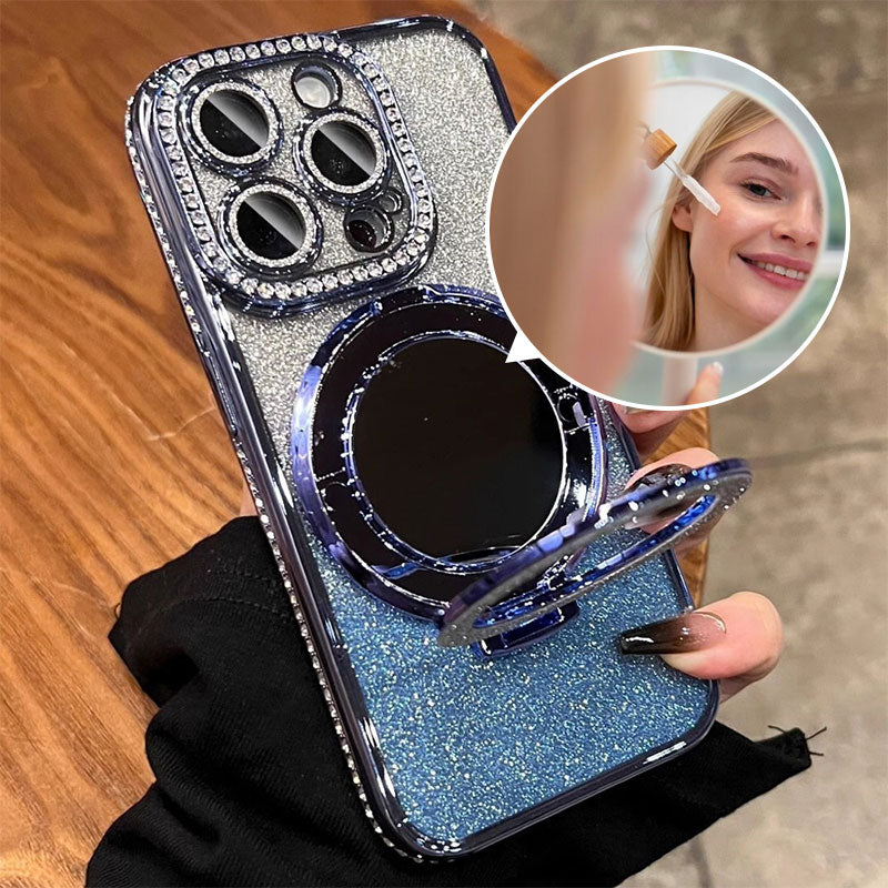 Etui na telefon z lustrem i magnetycznym stojakiem z brokatem