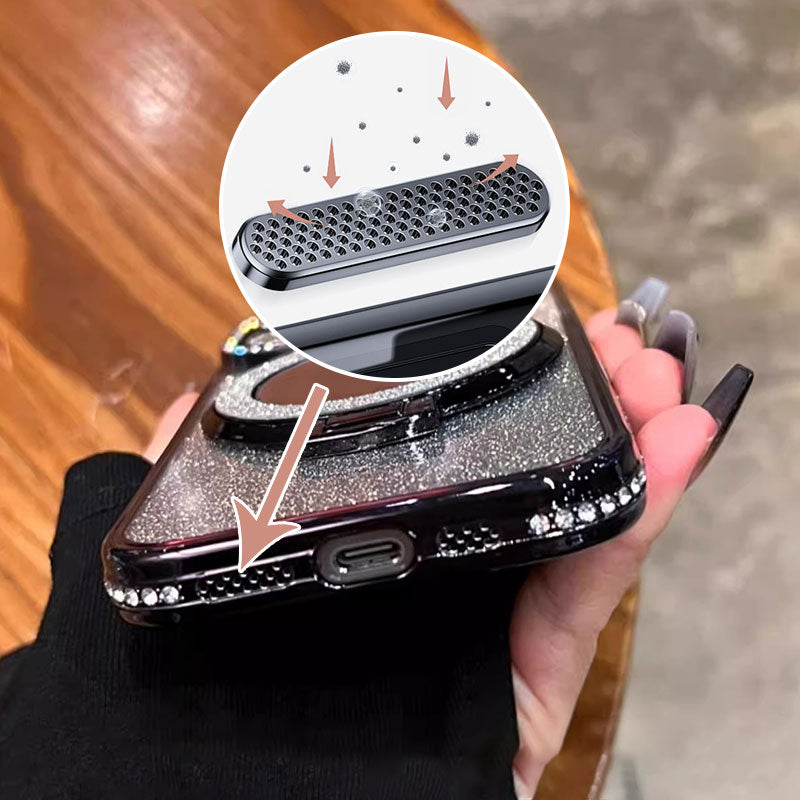 Etui na telefon z lustrem i magnetycznym stojakiem z brokatem