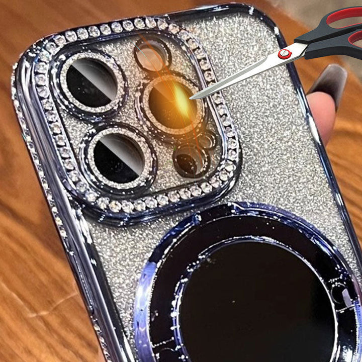 Etui na telefon z lustrem i magnetycznym stojakiem z brokatem