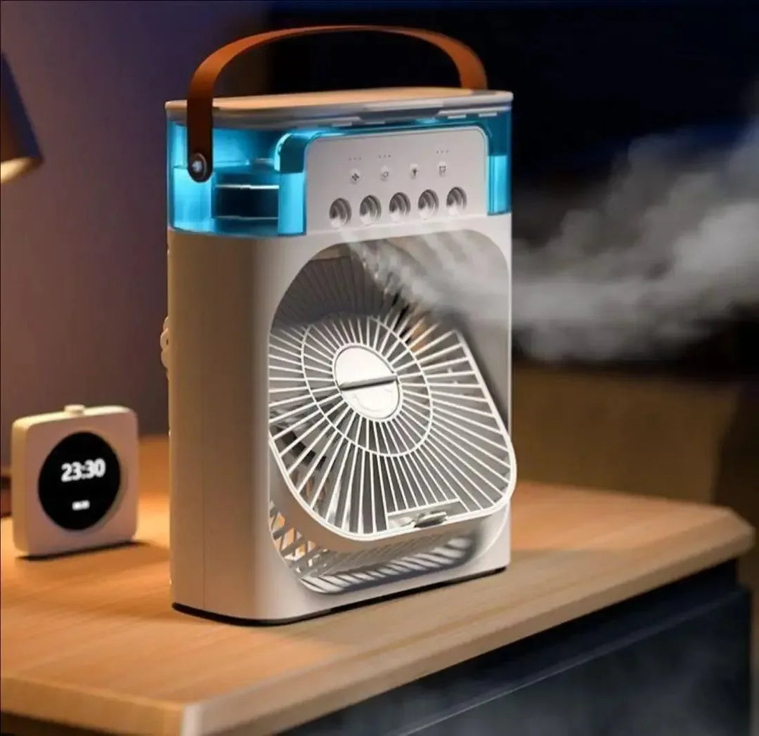 3-w-1 Przenośny Klimatyzator z LED – Wentylator Biurkowy z Zasilaniem USB, Nawilżacz i Nocna Lampa |