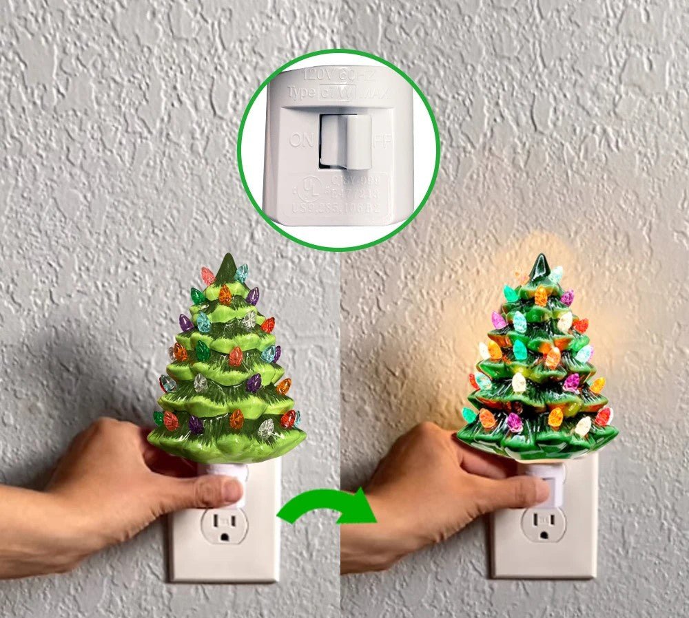 Wintage Ceramiczna Choinka Świąteczna Nocna Lampa – Ręcznie Malowana Zasilana Wtyczką
