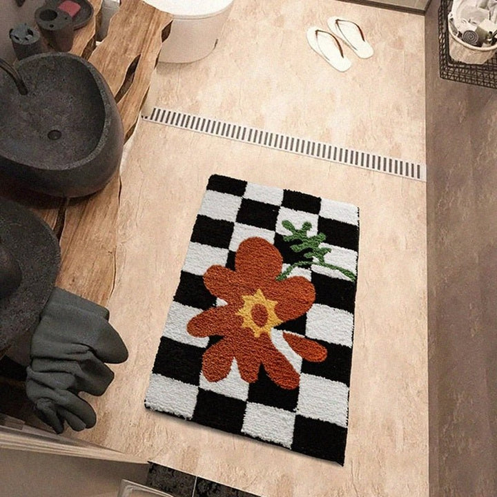 Vintage Checkered Plaid Bathroom Rugs - Przytulny Retro Kwiatowy Dywan do Łazienki i Dekoracji Wnętrz