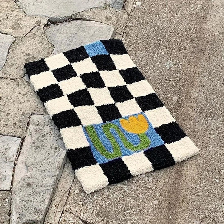 Vintage Checkered Plaid Bathroom Rugs - Przytulny Retro Kwiatowy Dywan do Łazienki i Dekoracji Wnętrz