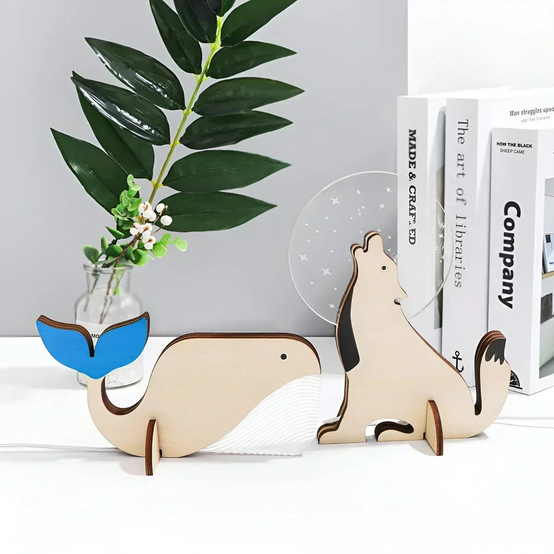 Lumimini Dziecięca Lampa Nocna z Motywami Zwierząt | Delikatne Światło LED | Połączenie USB | Wykonana z Akrylu i Drewna